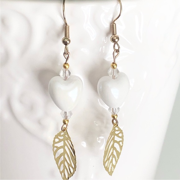 New White Ceramic Heart Glass Crystal Beaded Dangling Earrings Handmade Unique - Picture 3 of 9